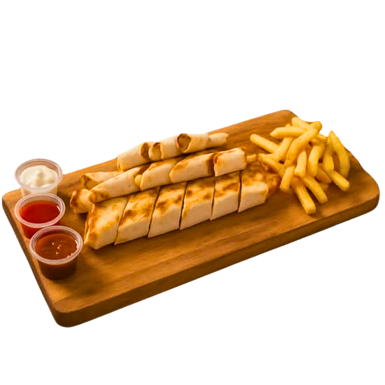 Cheese rolls and fries on a board